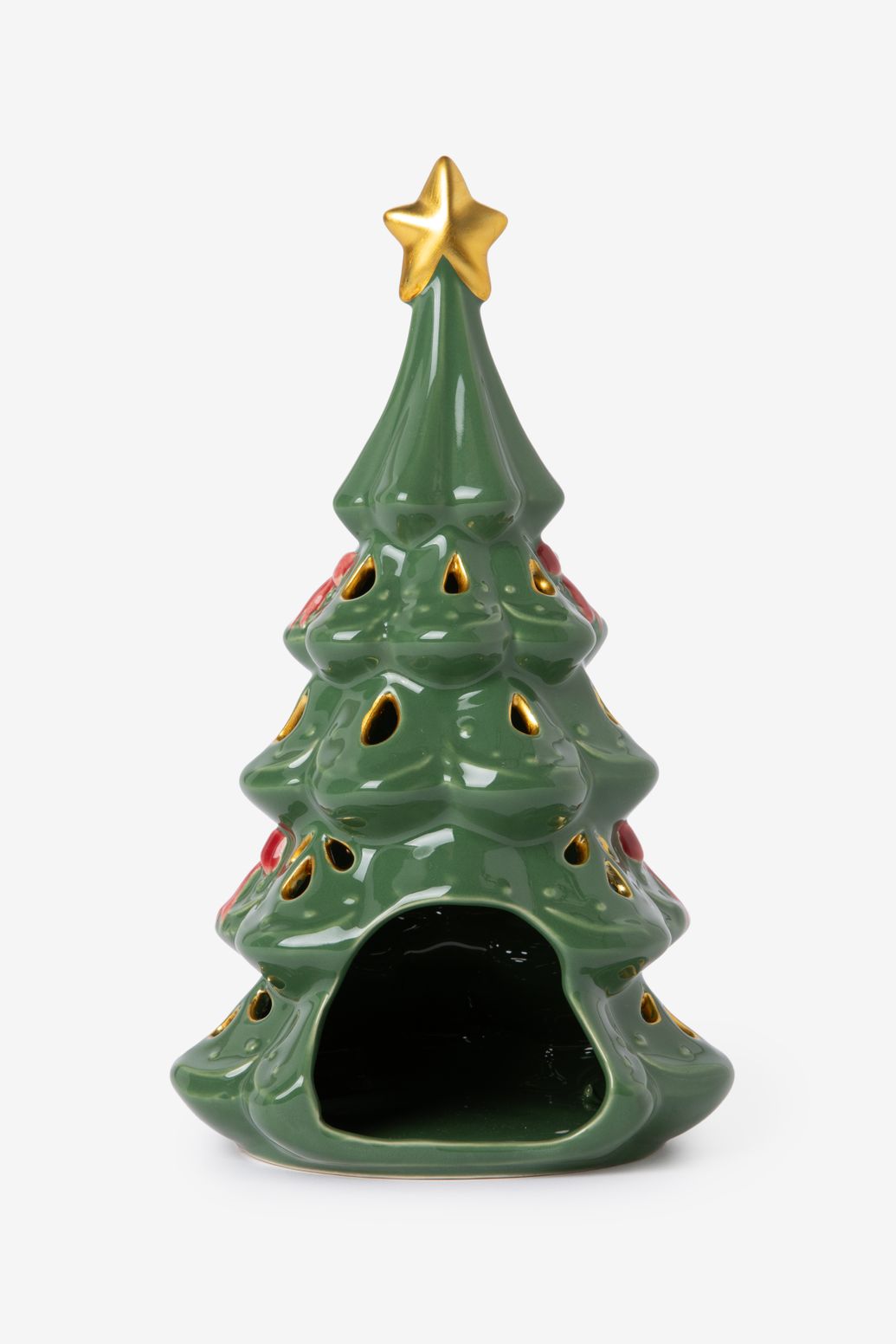 Donkergroene waxinelichthouder in de vorm van een kerstboom
