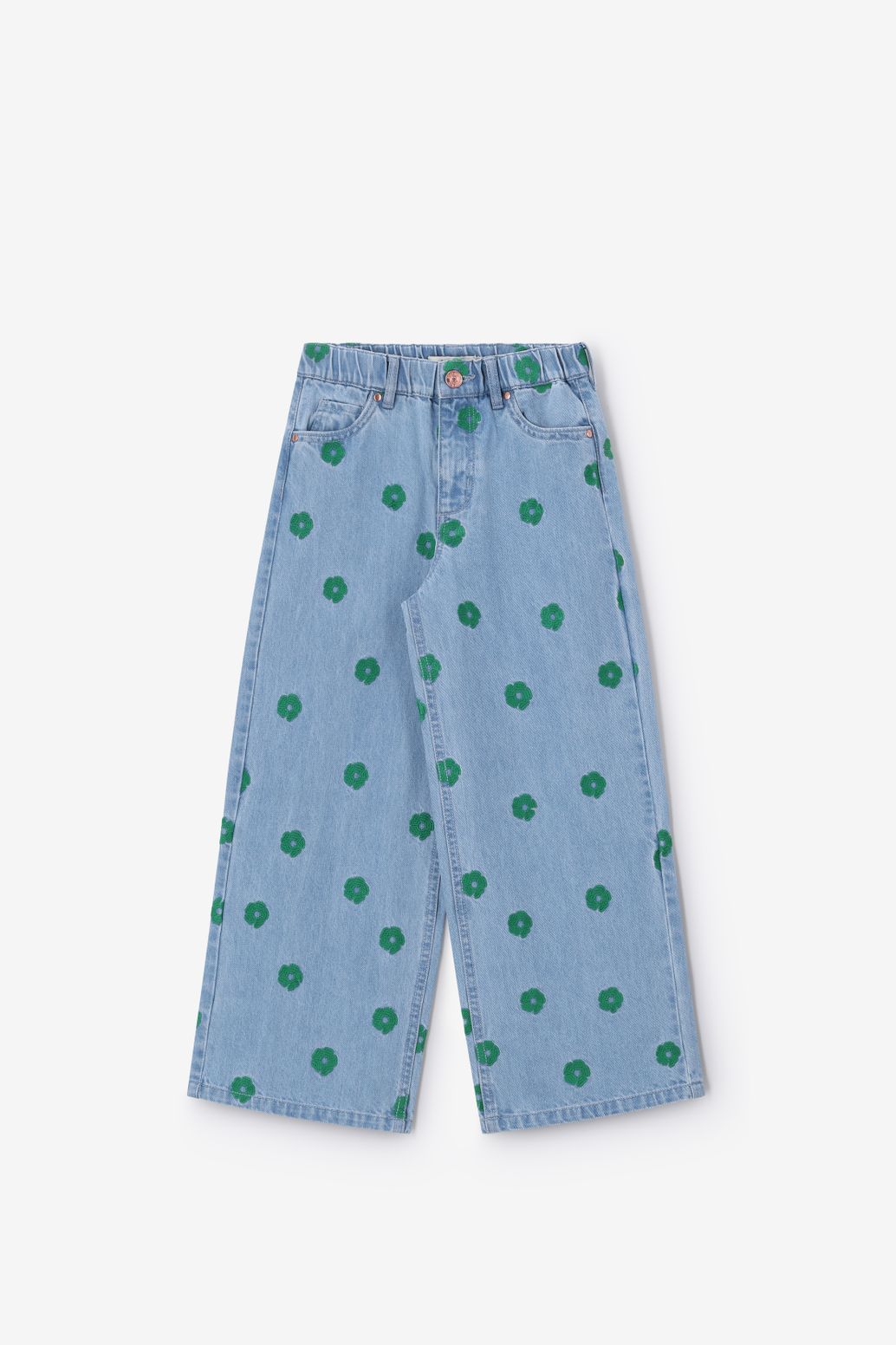 Blauwe denim wide leg jeans met bloemenembroidery