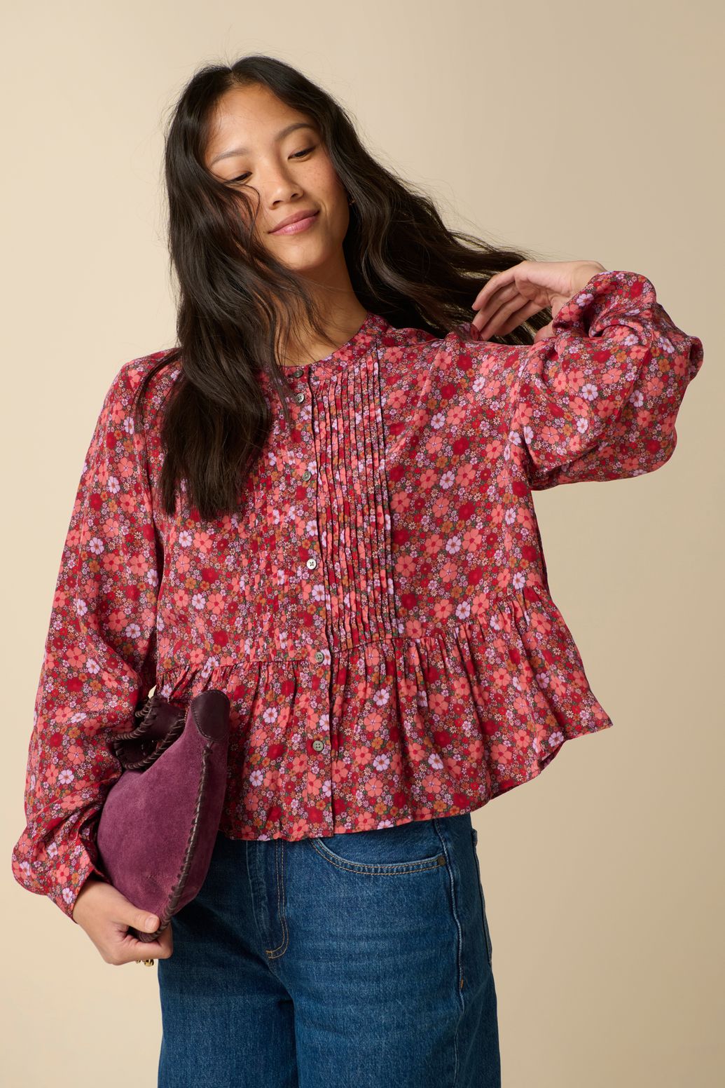 Bluse mit Blumenmuster - dunkelrot