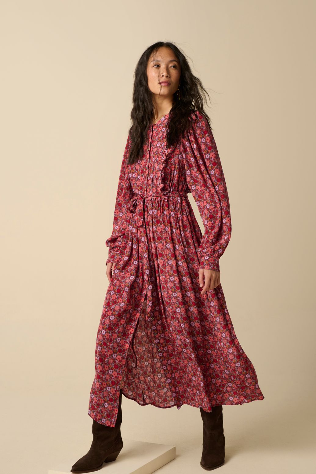 Kleid mit Blumenmuster - dunkelrot