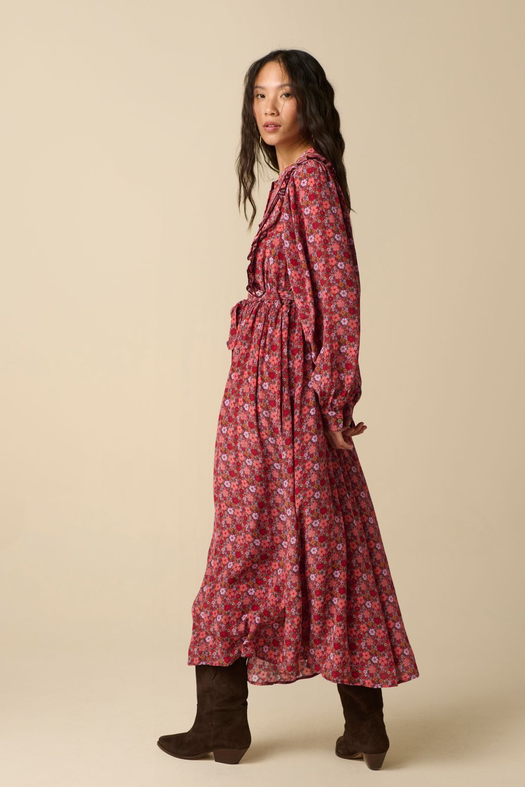 Kleid mit Blumenmuster - dunkelrot
