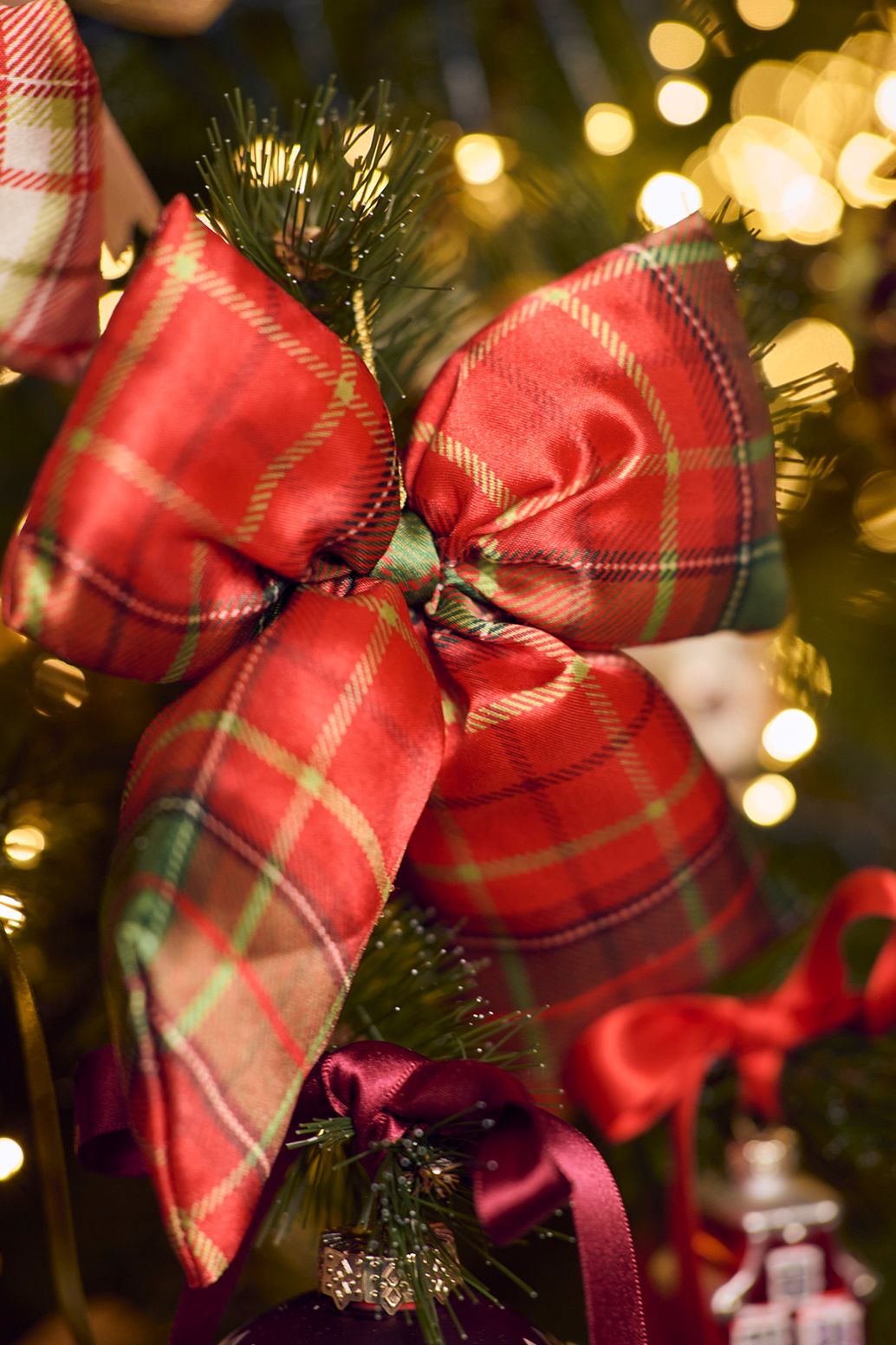 Suspension de Noël nœud avec motif à carreaux - rouge