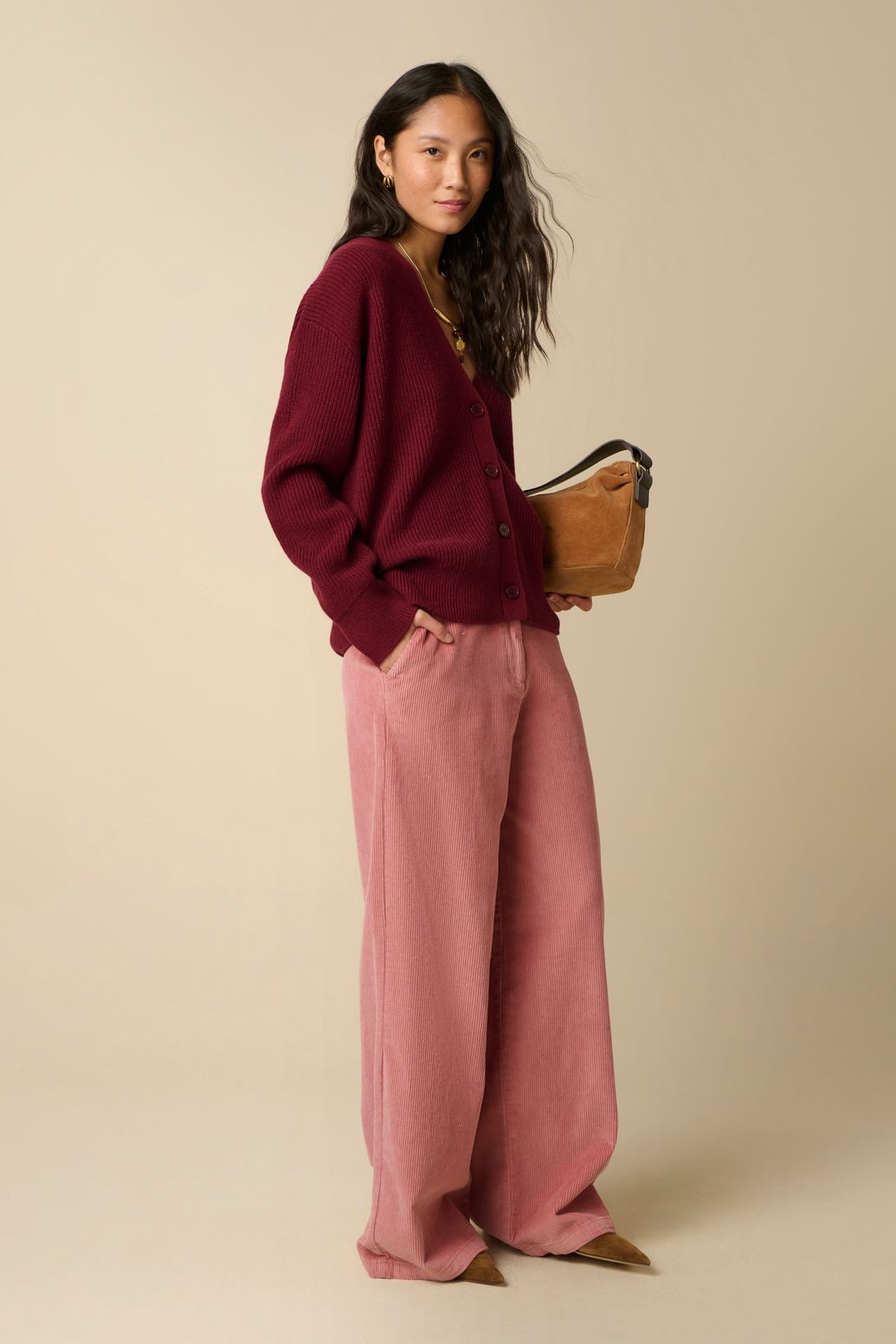 Weite High Waist-Hose aus Cord - rosa