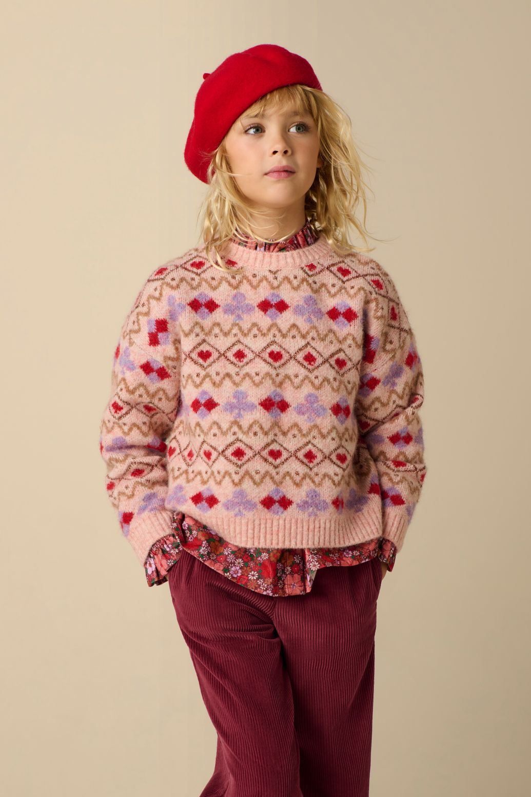 Jacquard-Pullover - dunkelrosa