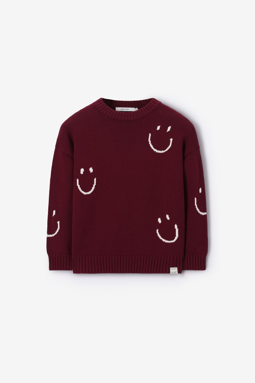 Donkerrode gebreide trui met smileys