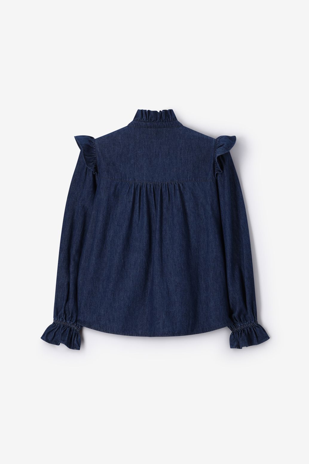 Donkerblauwe denim blouse met ruffles