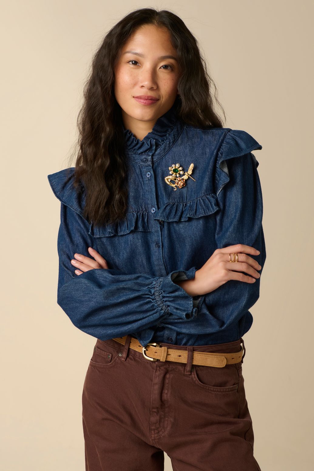 Blouse en jean avec volants - bleu foncé
