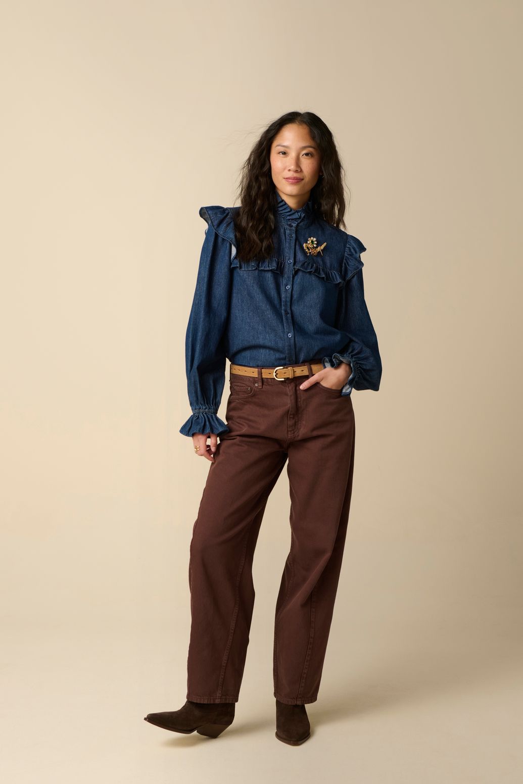 Blouse en jean avec volants - bleu foncé