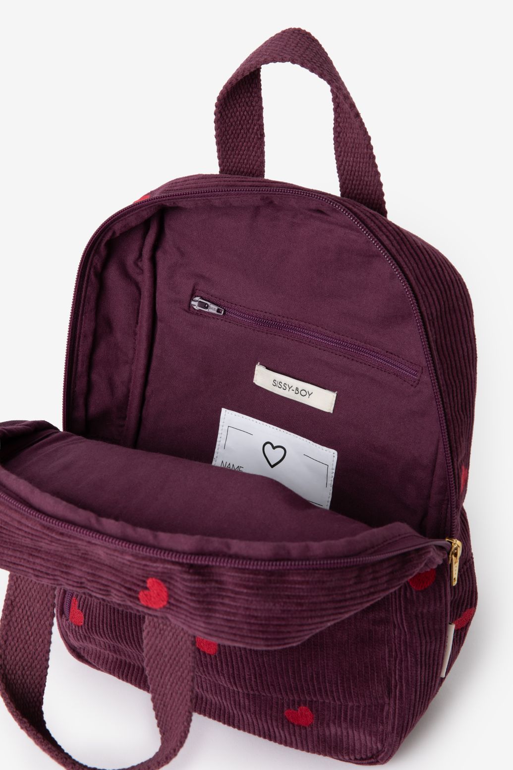 Donkerrode velvet rugzak met hartjes