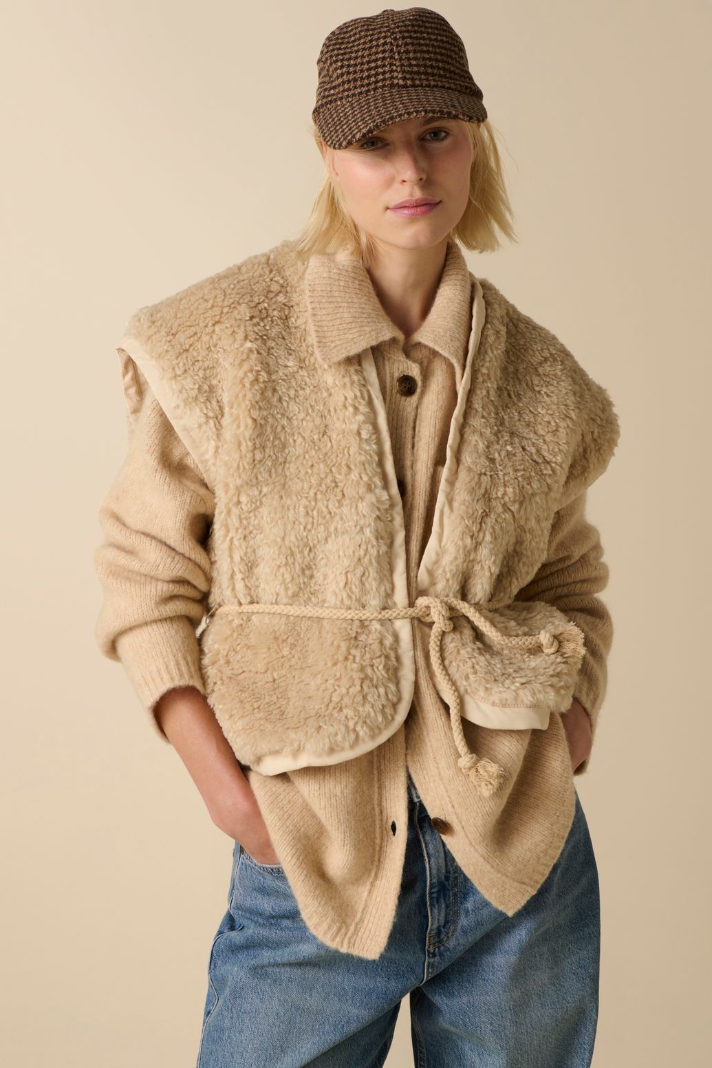 Teddy-Weste mit Kordel - beige