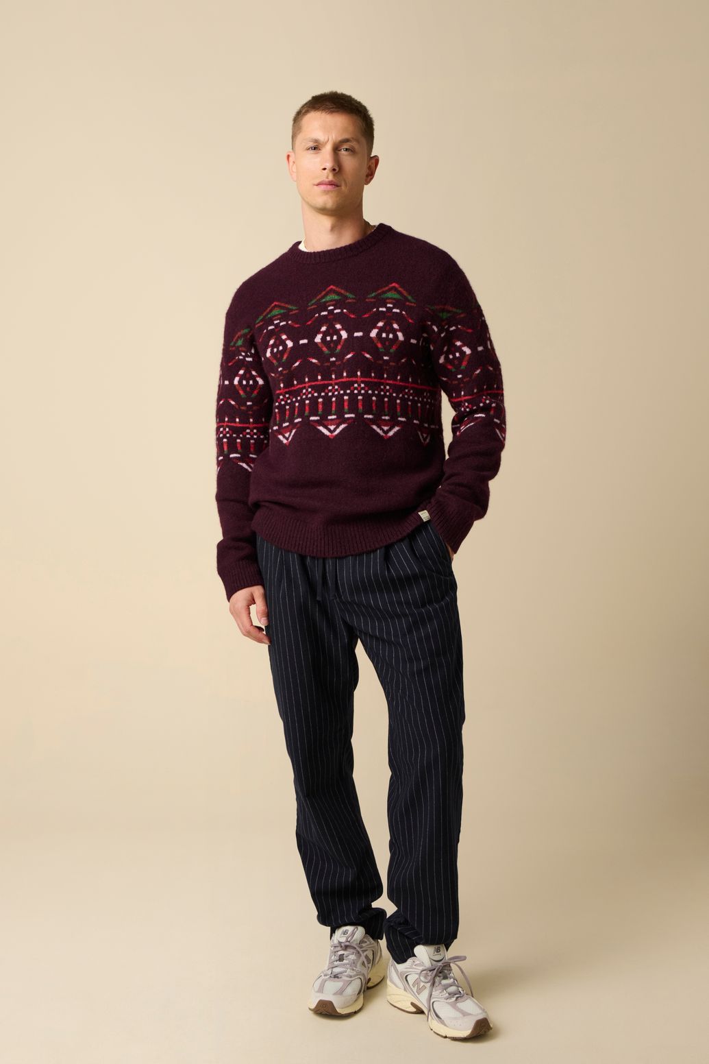 Pull jacquard en laine - rouge foncé