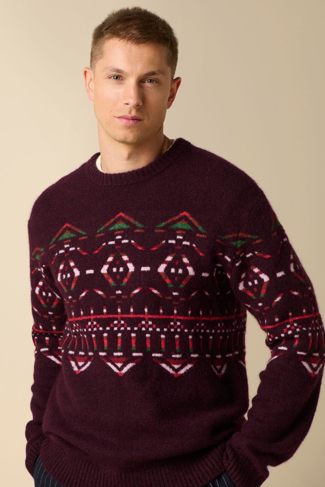 Pull jacquard en laine - rouge foncé