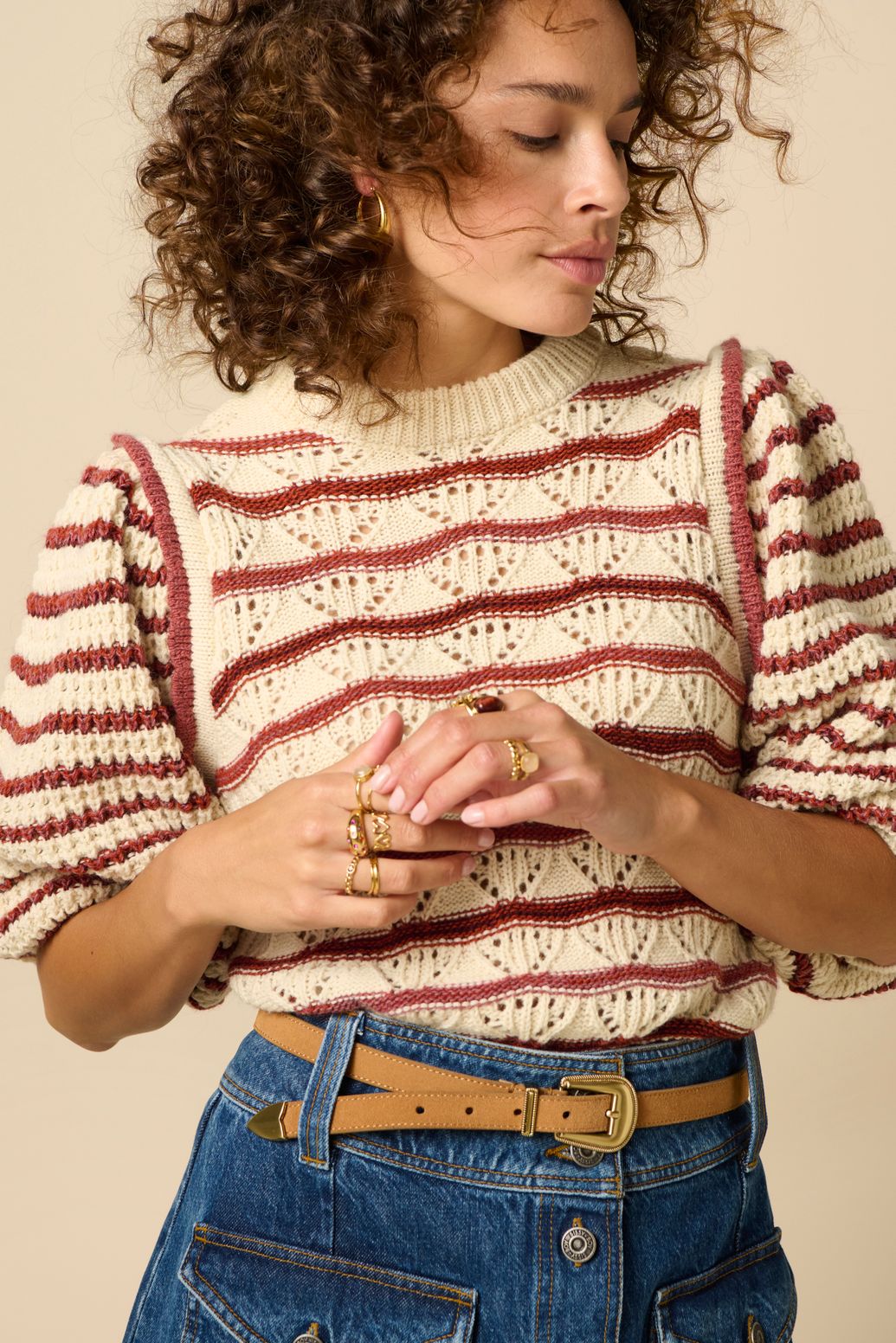 Pull tricoté en laine avec rayures - blanc