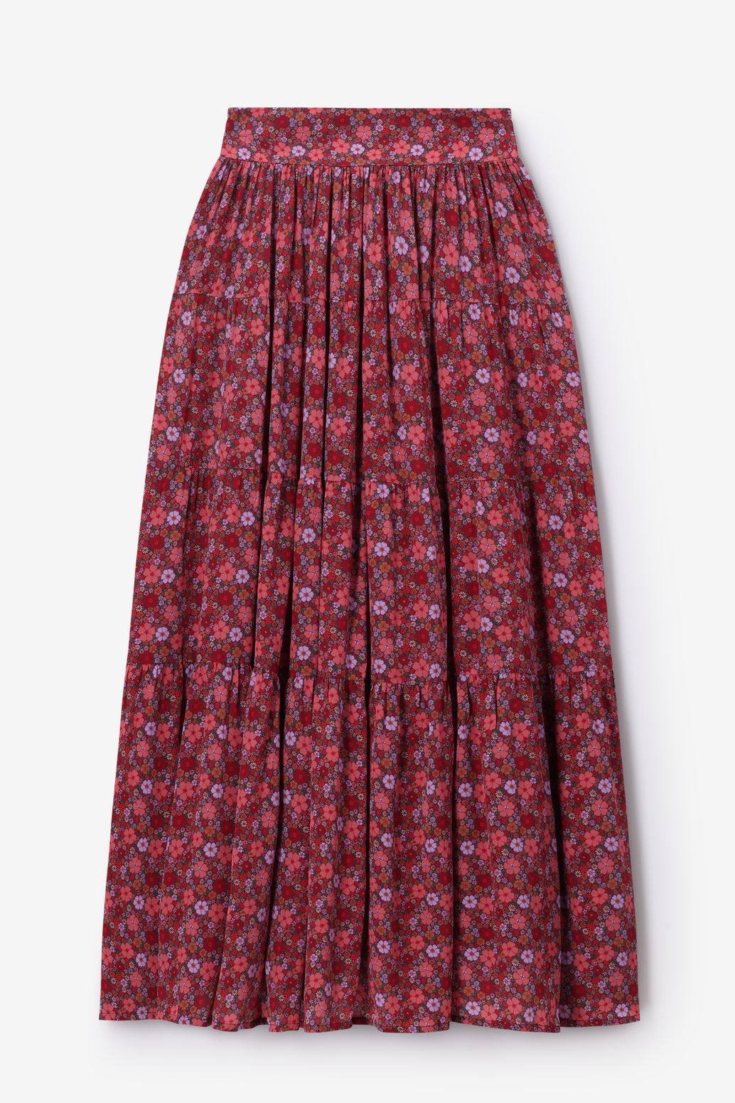 Donkerrode satijnen rok met bloemenprint