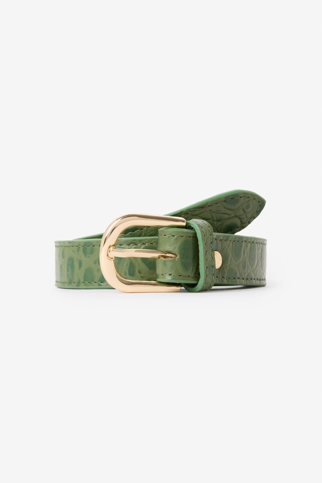 Donkergroene leren riem met croco print