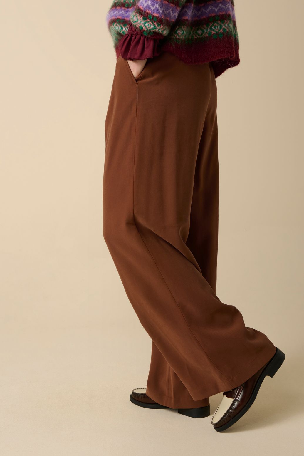 Donkerbruine high waist wide leg broek