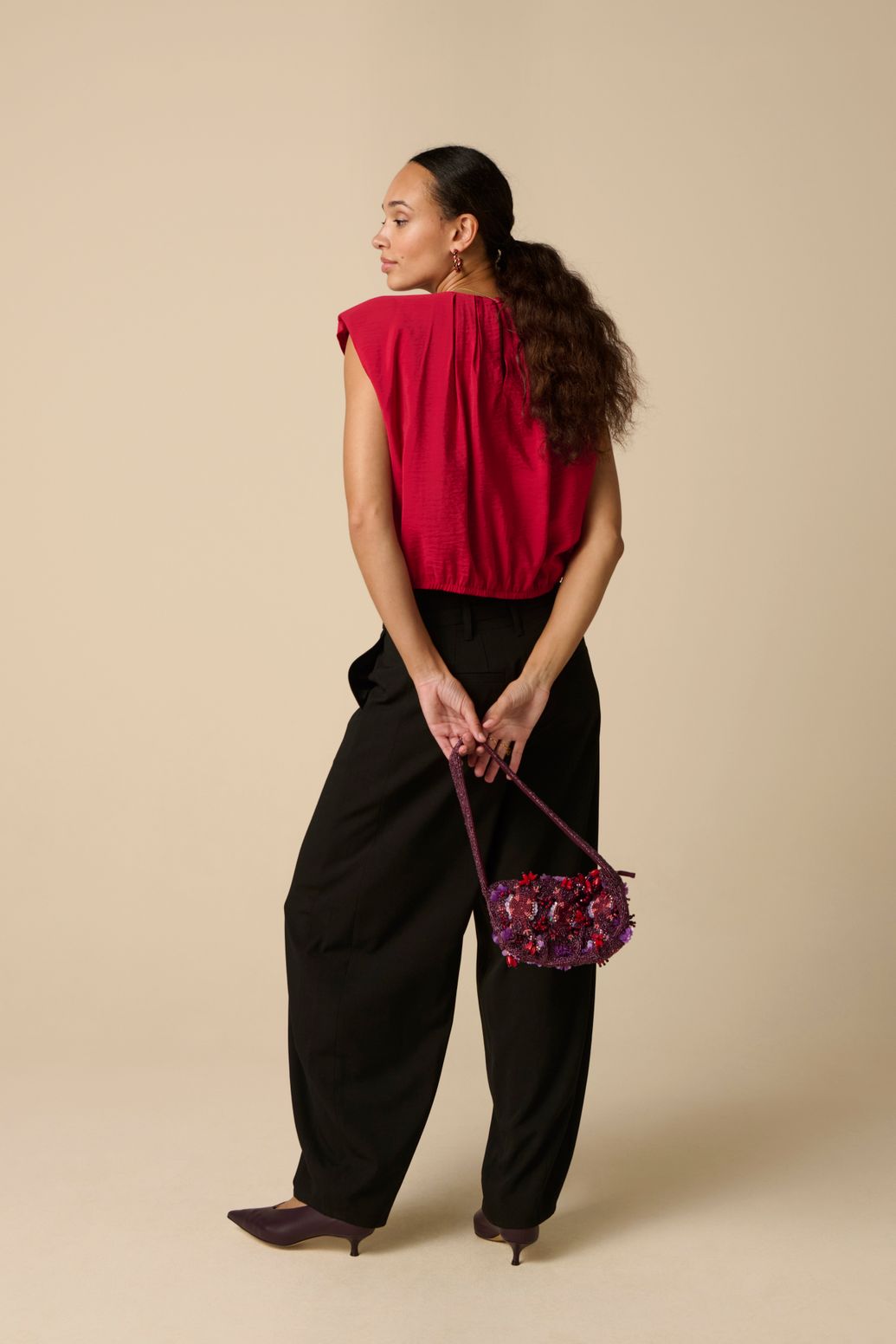 Sac porté épaule avec perles et paillettes - rouge foncé